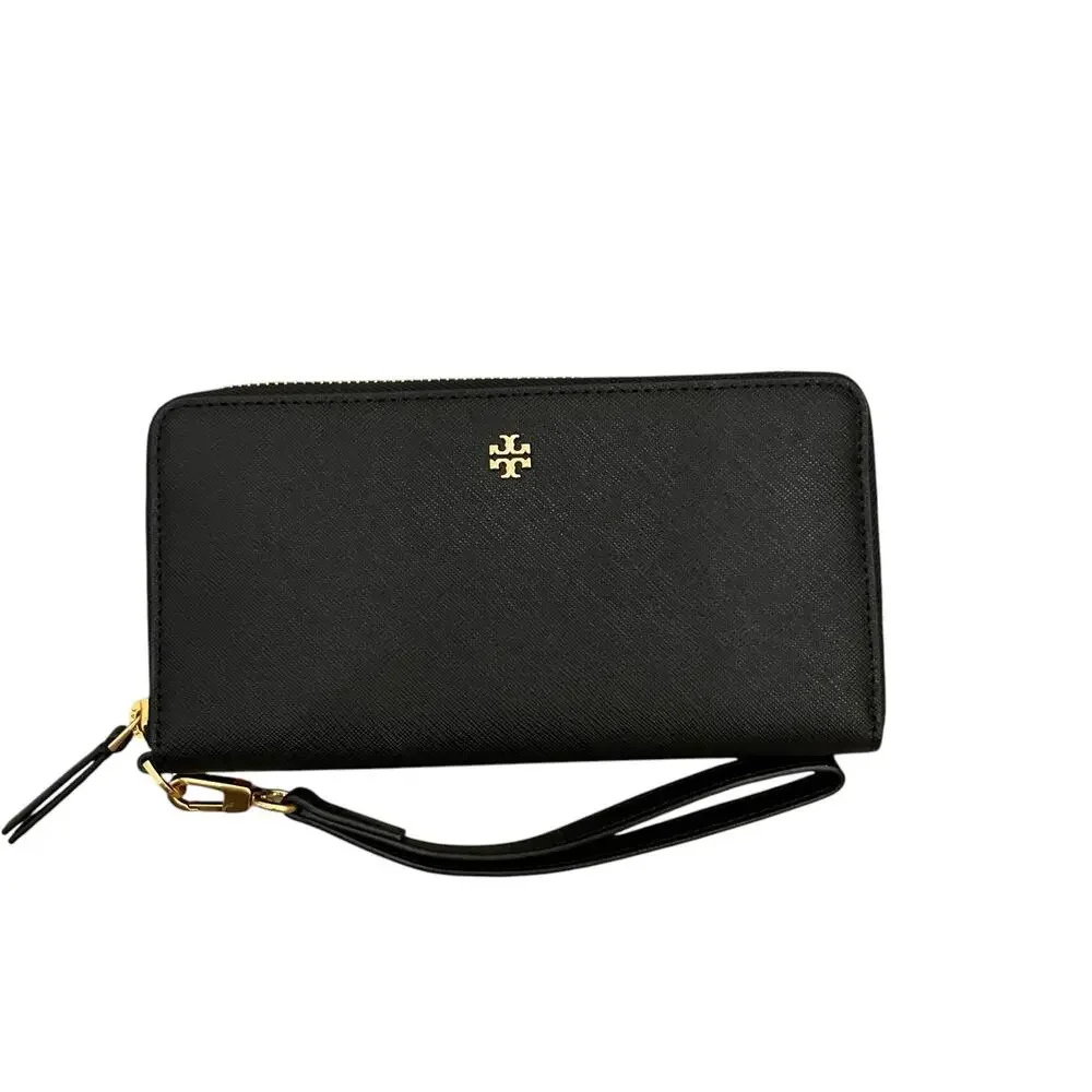 TORY BURCH Emerson Wristlet Zip Continental Wallet Saffiano Leather Black NEW